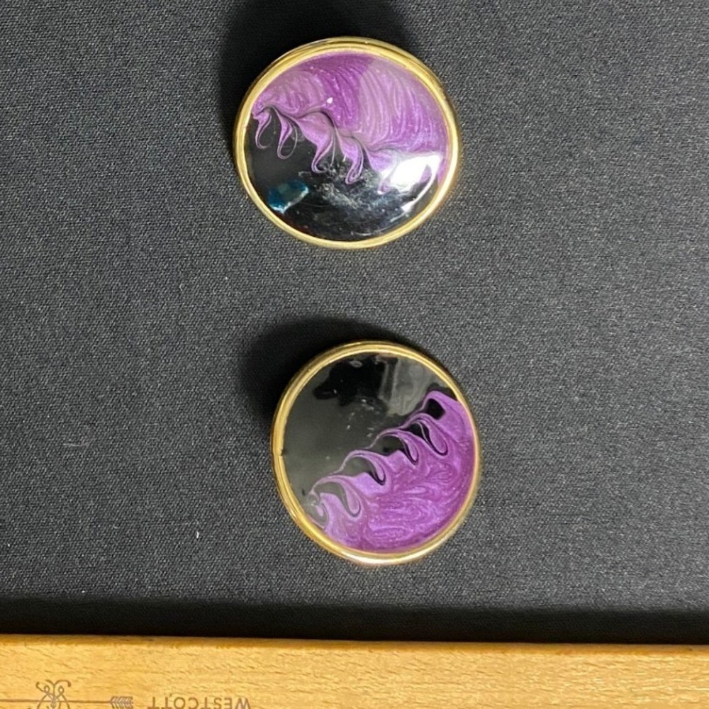 Purple Flame Enamel Hoop Earrings Gold Tone Small Round Dangle‎ Charm